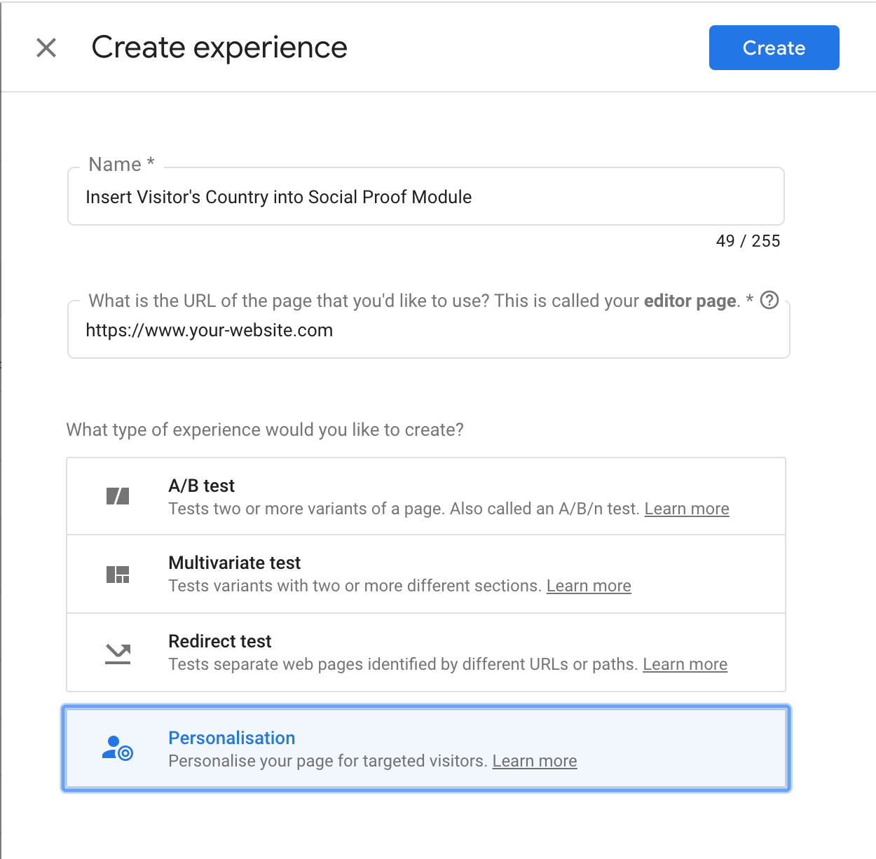 creating an experience in google optimize.