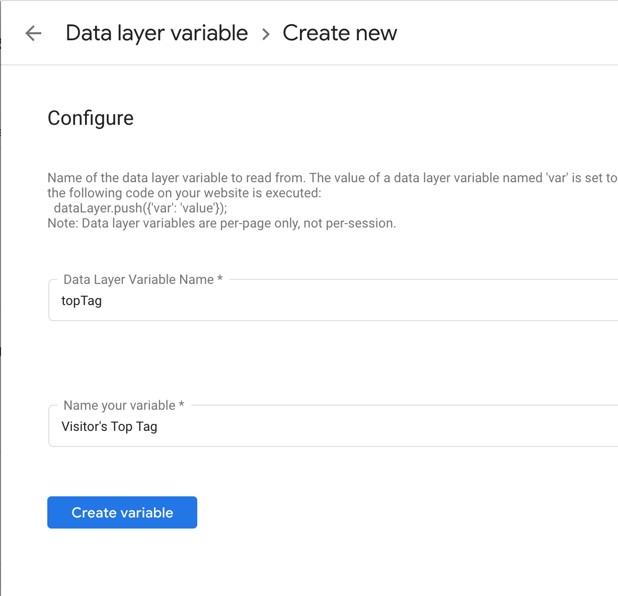 data layer variable creation.