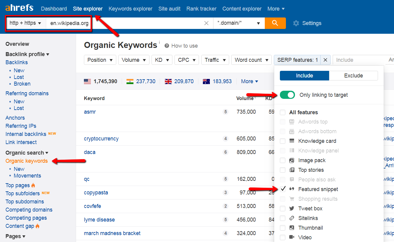 identifying wikipedias featured snippets with ahrefs.