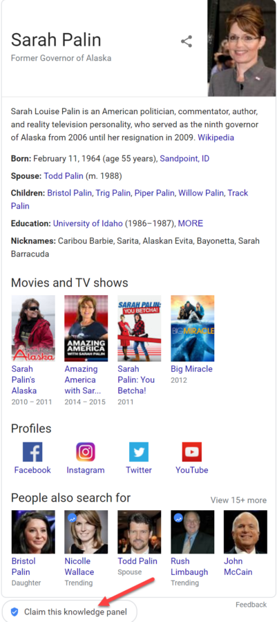 Sarah Palin's personal knowledge panel needs to be claimed.