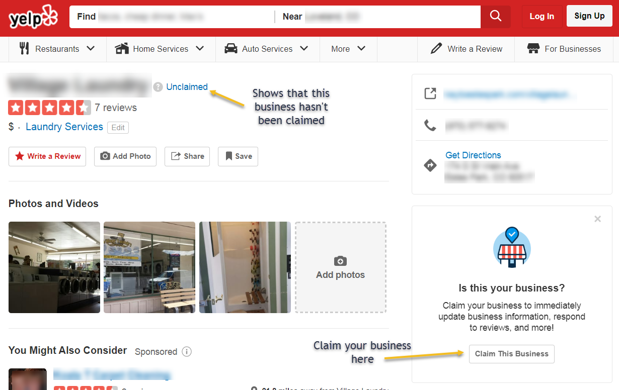 An image displaying what it looks like on Yelp when a business listing hasnt been claimed.
