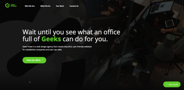 Geek Power is an example of a dark themed website, a web design trend for 2020