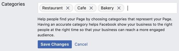 Facebook page categories