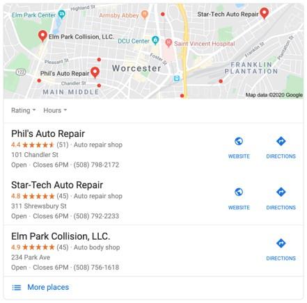 SERP for auto repair shop in Worcester, MA