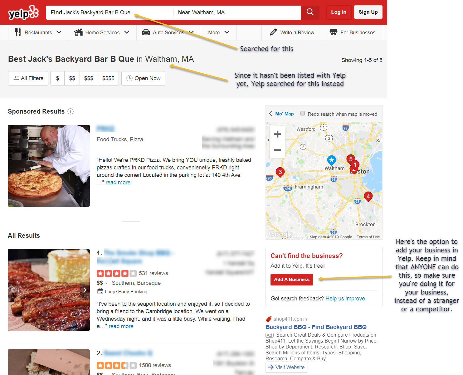 An image of what a Yelp page looks like when a business isnt listed yet.