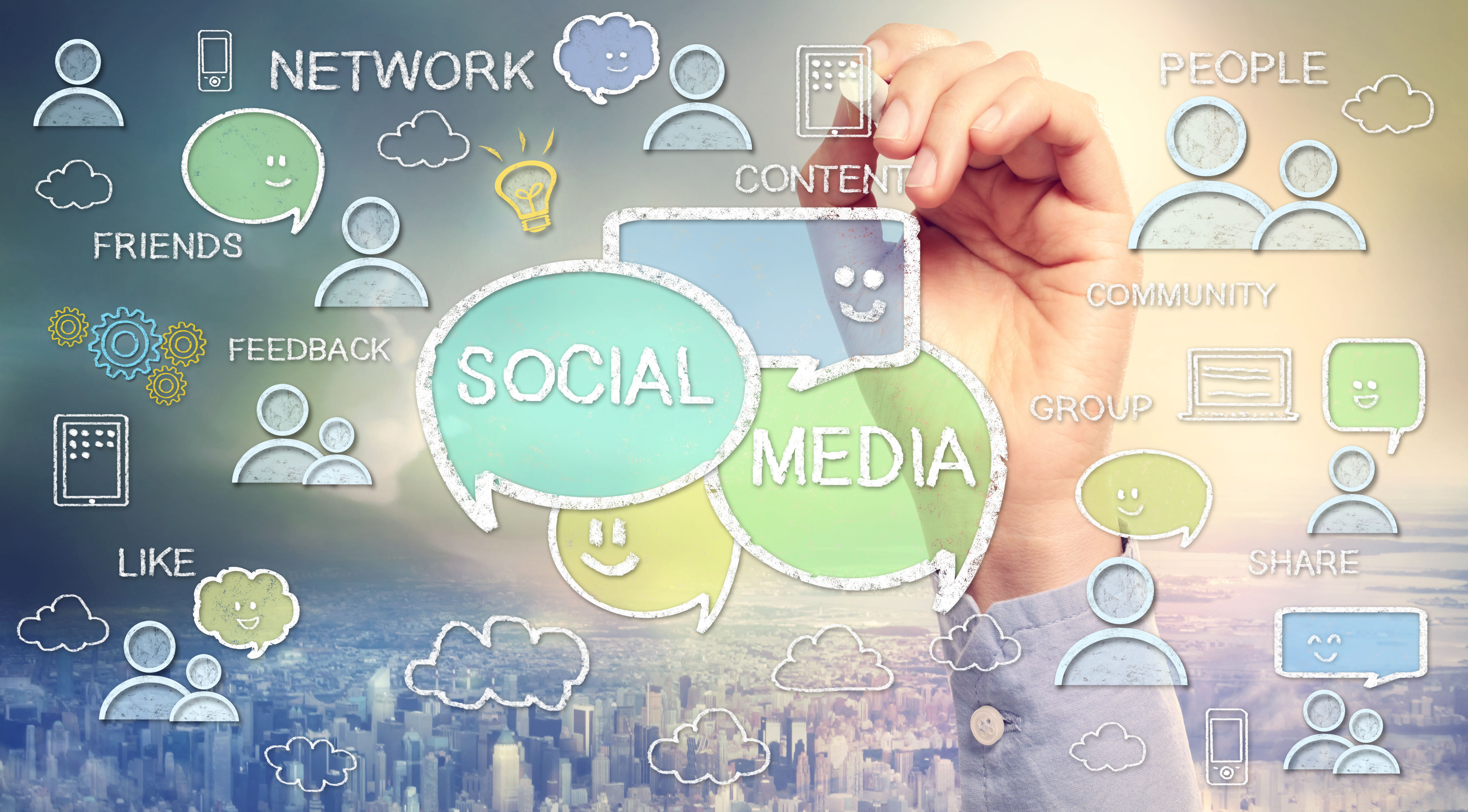 Social media images and icons with a hand showing the concept of social listening.