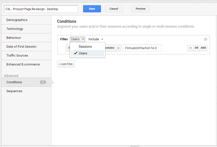 changing from session- to user-based segments in google analytics.