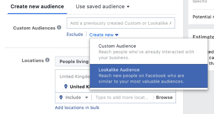 where to create a new audience in facebook advertising