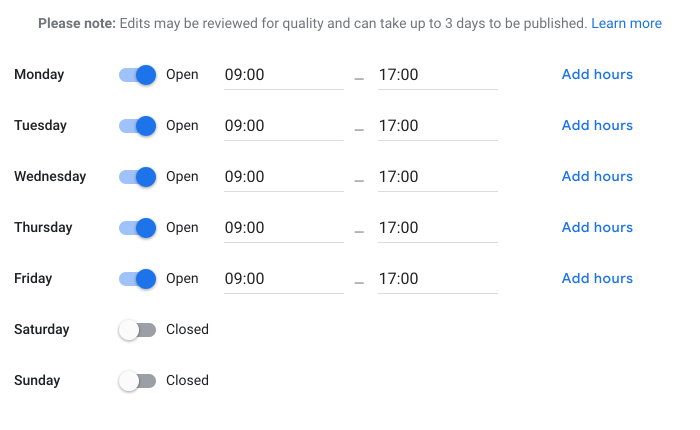 Google My Business editing opening hours