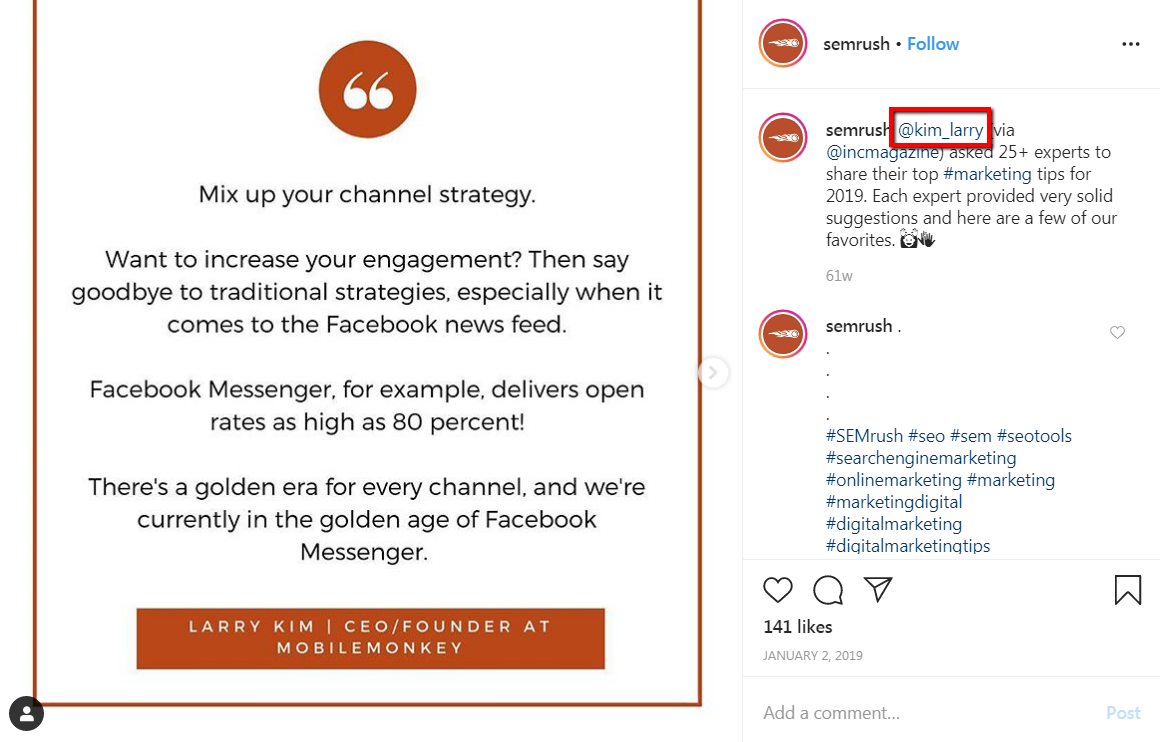 example of tagging influencers in instagram posts and sharing their quotes.