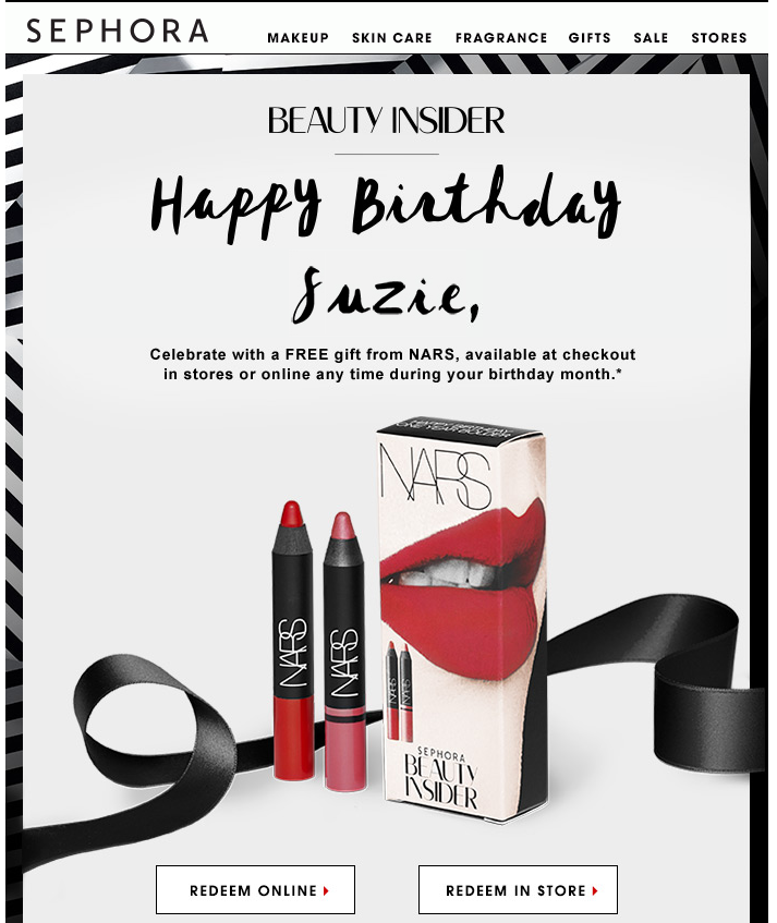 Sephora really puts on the ritz when it comes to loyalty program birthday emails: the company not only sends members a free gift, but that gift is always from the customer’s favorite brand. 