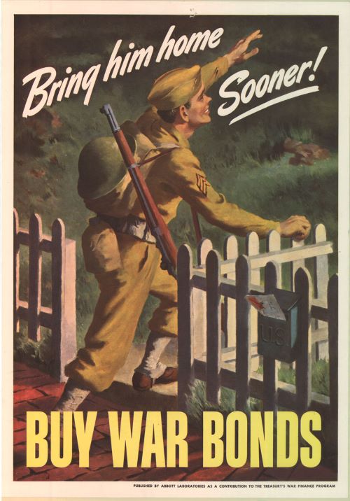 Old war time poster with buy war bonds CTA at the bottom