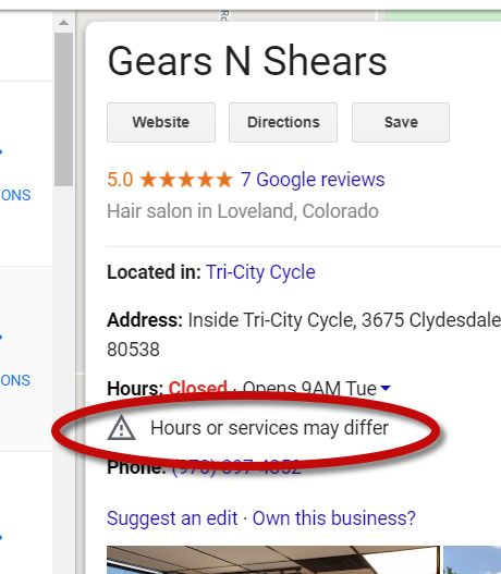 Google disclaimer that hours or services may differ due to COVID-19 changes and business not updating their hours of operation with Google My Business