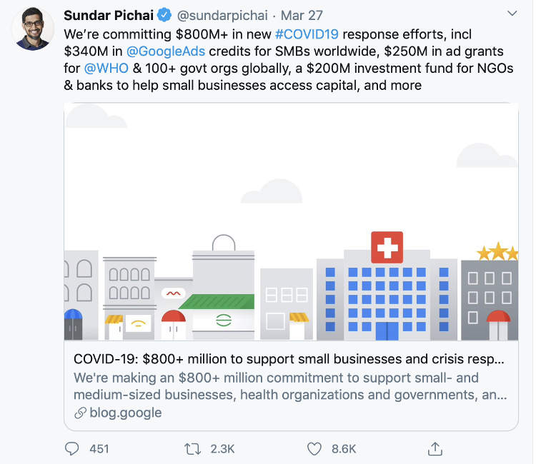 Google CEO announcement of ad credits