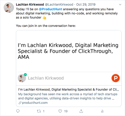 Product Hunt tweet used to drive community discussions