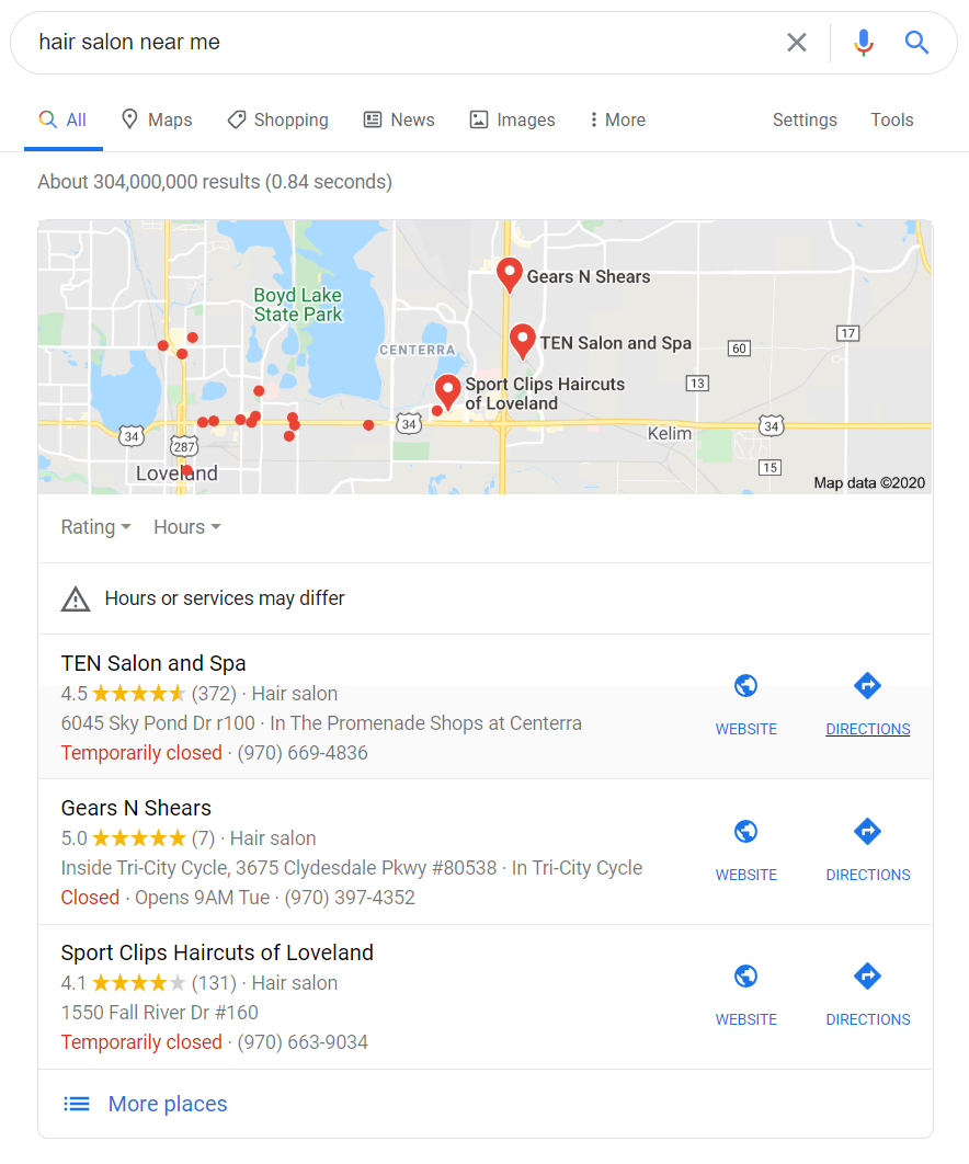 Google search near me search for hair salons