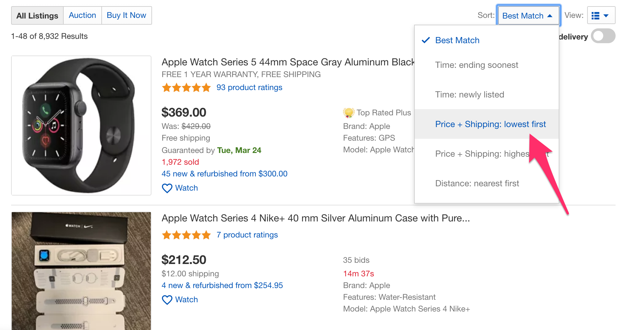 ebay sort by lowest price
