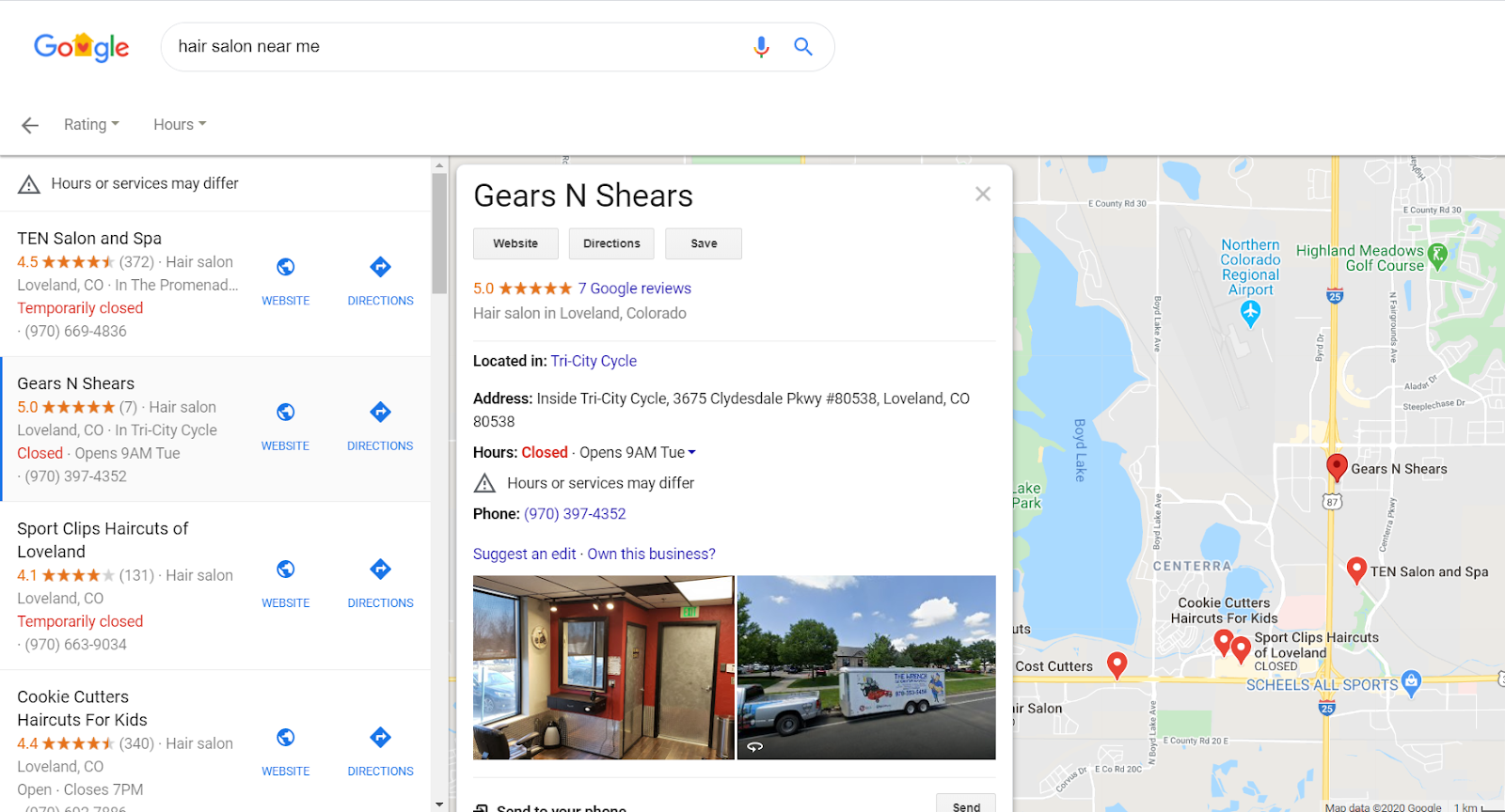 selection of one business within initial Google search, shows map and specific information for the business chosen