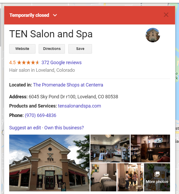 Google Search stating business is temporarily closed. Business updated their hours with Google My Business