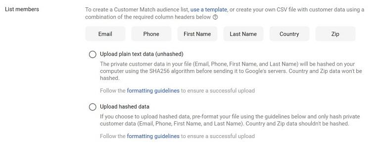 Googles Customer Match list member options