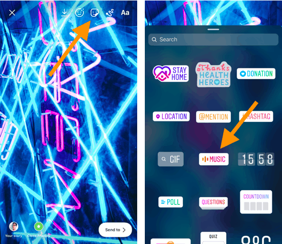 Screenshot showing how to select the sticker on Instagram.