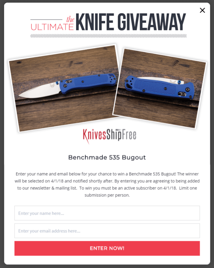 KniveShipFree used a lightbox optin for a giveaway