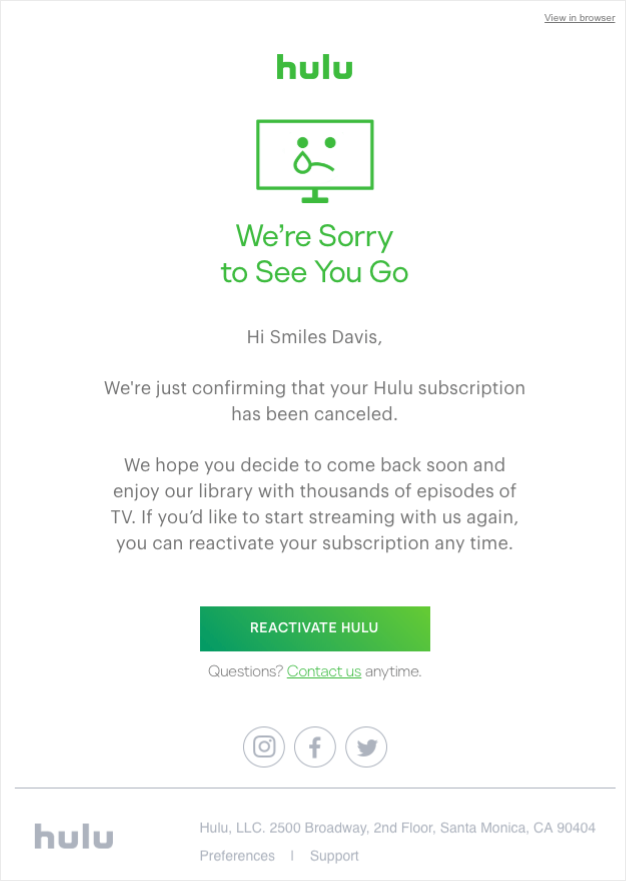 Hulu transactional email - Delete account