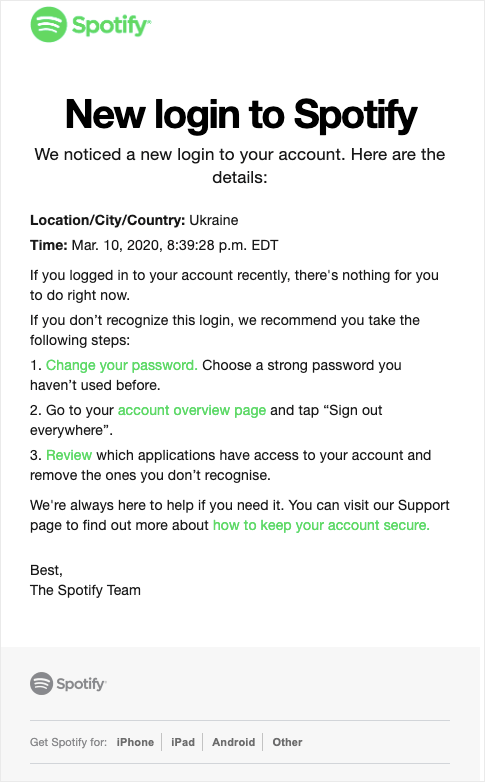 Spotify transactional email - suspicious login activity