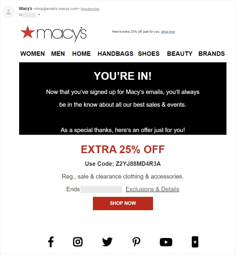 Macy's transactional email - Discount code