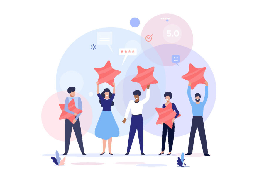 Illustration of People Holding Stars to Represent Online Reviews