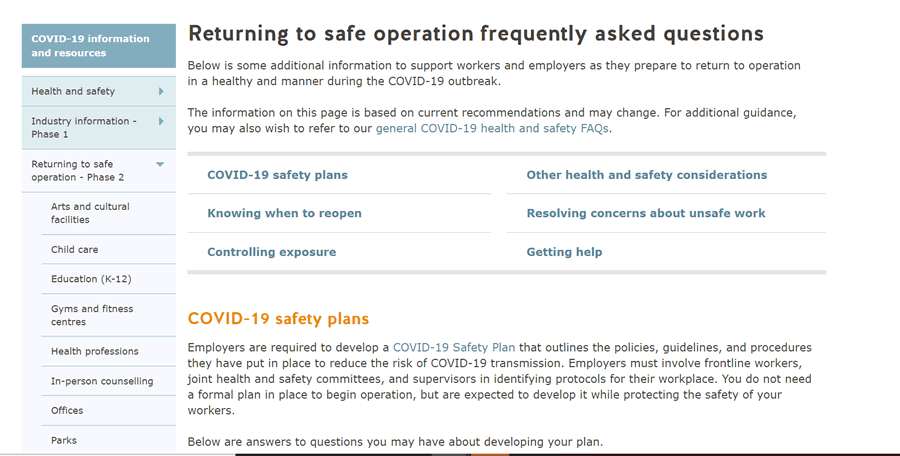 worksafe BC returning to safe operation FAQ post COVID-19