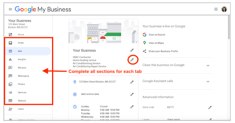 google my business optimization complete all fields GMB dashboard