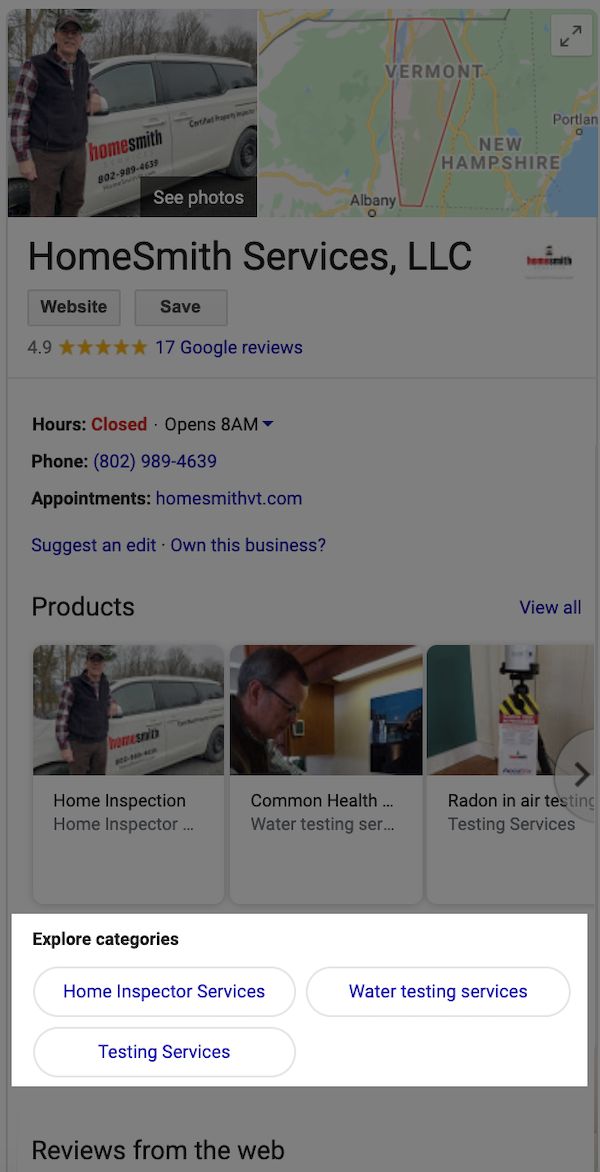 google my business optimization explore categories homesmith services llc
