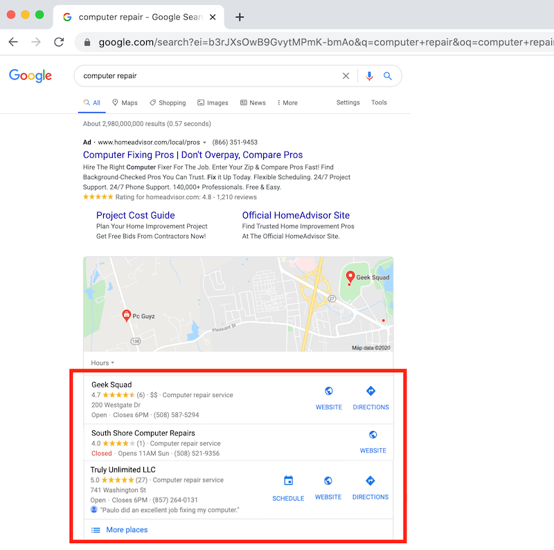 how to use google my business three pack local rank geek squad