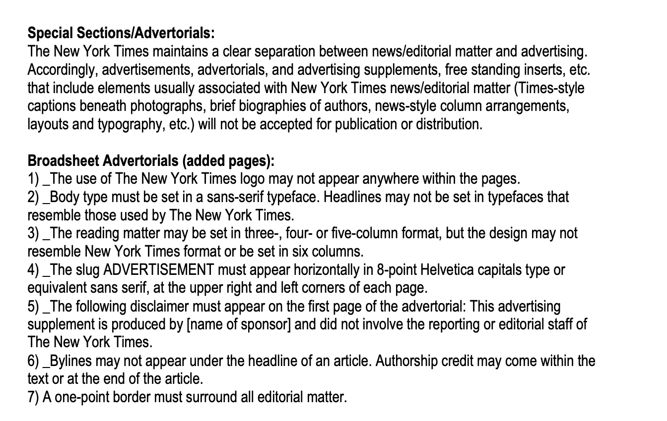 nytimes guidelines for advertorials.