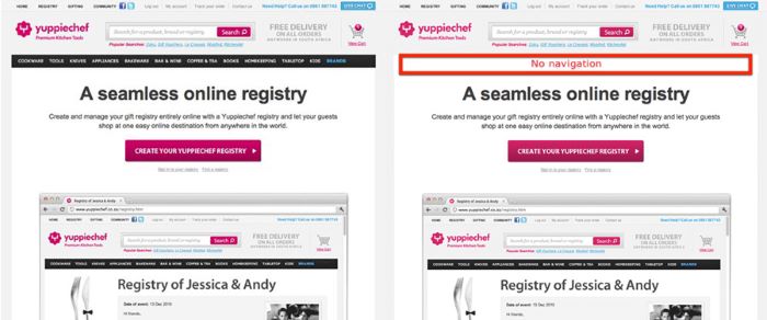Before and after screenshots of landing page where the navigation has been removed 