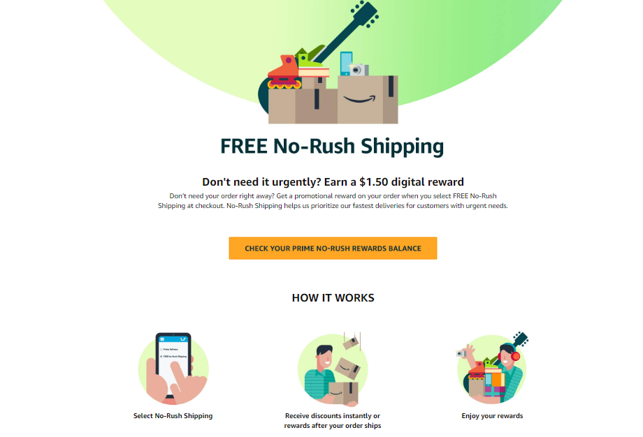 Currently, Amazon offers a $1.5 digital reward for each purchase delivered with No-Rush Shipping.