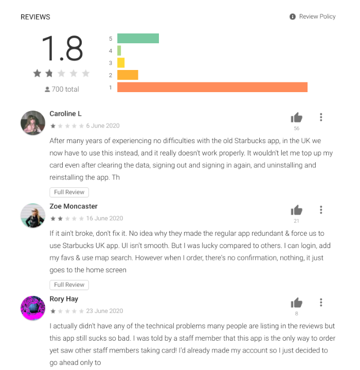 Starbucks app bad reviews