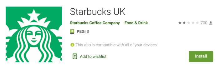 Starbucks app showing 1.8 stars out of 5