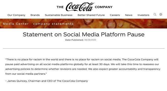 Coca Colas Facebook boycott statement