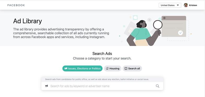 Facebooks ad library search page