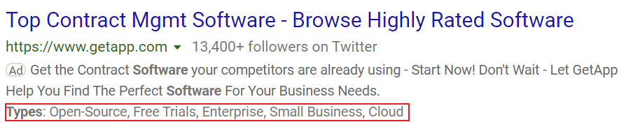 example of structured snippet extension on bing ads.