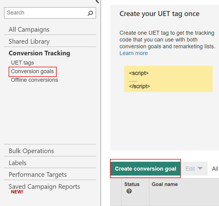 creating conversion goal in bing ads.