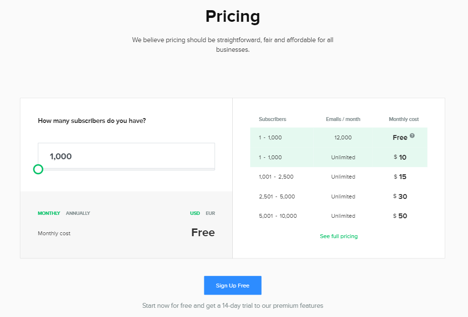 Image of MailerLite pricing plan with slider to determine how much you would pay depending on your email subscriber count. 