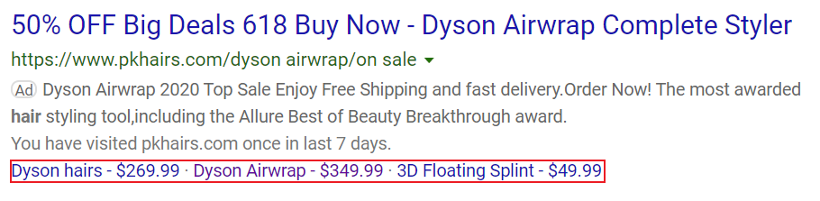price extensions example bing ads.