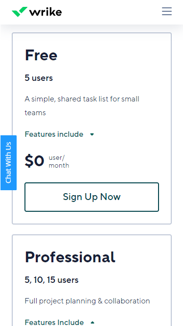 Image of a "stack" pricing plan used by Wrike with both free and professional plans highlighted.