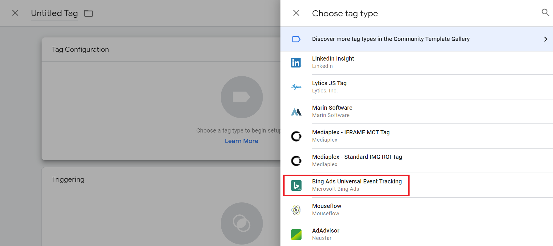 choosing bing tag in gtm.