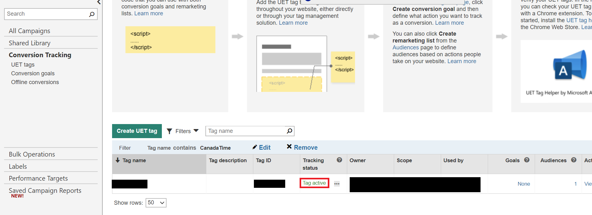 confirming active tag in bing ads.