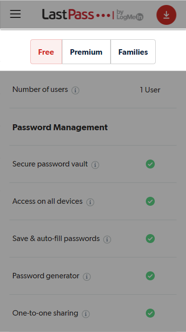 LastPass features page that shows the various features for free, premium, and family plans. 