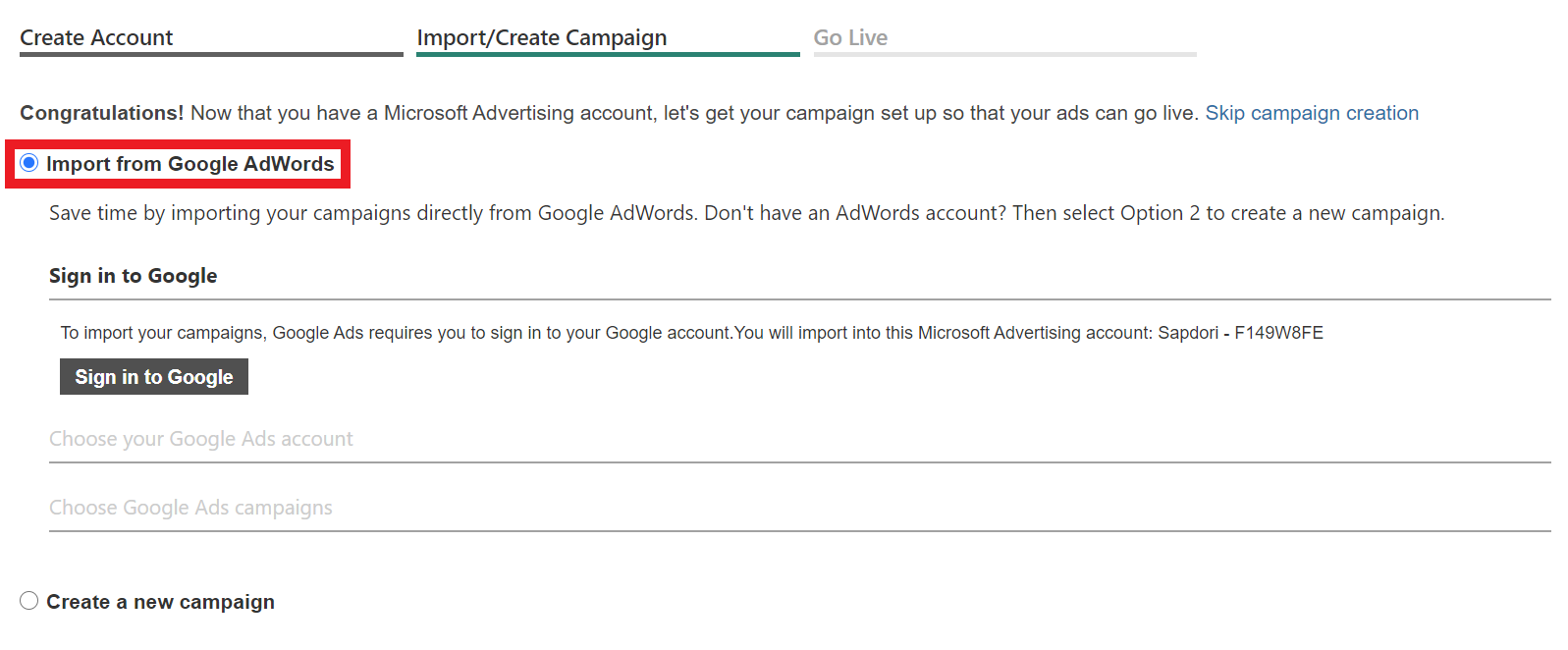 import google ads account into bing.